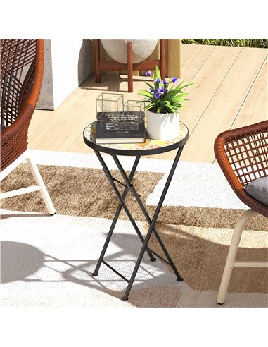 Outsunny Mosaic Outdoor Garden Table, 35.5cm Round Folding Coffee Table with Metal Frame for Balcony Terrace, Yellow