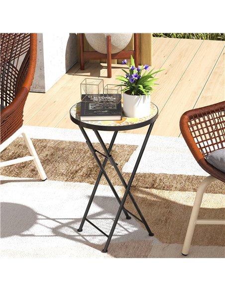Outsunny Mosaic Outdoor Garden Table, 35.5cm Round Folding Coffee Table with Metal Frame for Balcony Terrace, Yellow - pic 179799 | FastDaddyshop