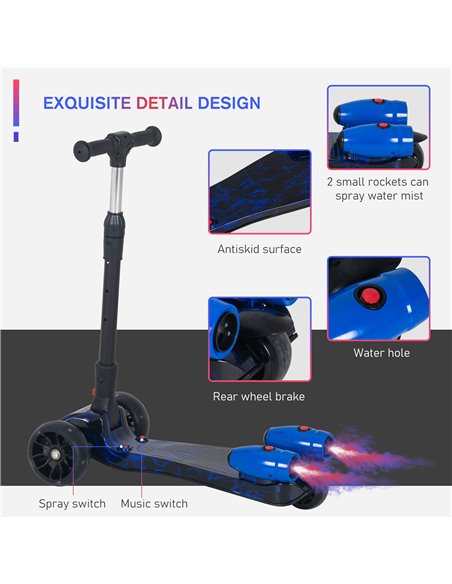 HOMCOM Kids 3 Wheel Kick Scooter Adjustable Height w/ Flashing Wheels Music Water Spray Foldable Design Cool On Off Road Vehicle - pic 17980 | FastDaddyshop