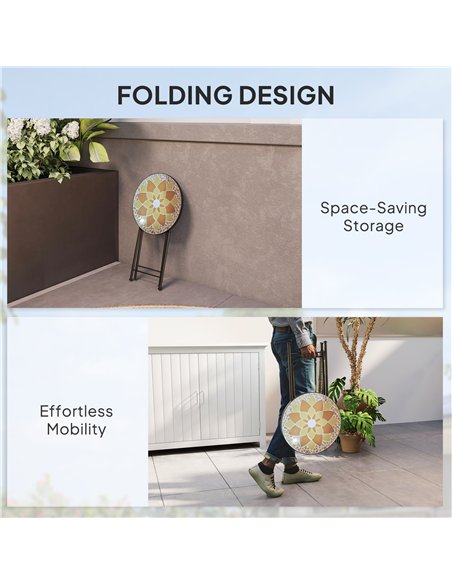 Outsunny Mosaic Outdoor Garden Table, 35.5cm Round Folding Coffee Table with Metal Frame for Balcony Terrace, Yellow - pic 179802 | FastDaddyshop
