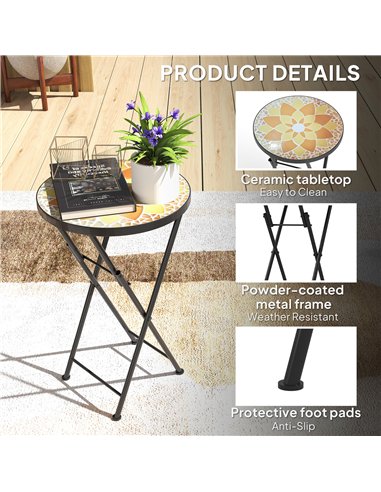 Outsunny Mosaic Outdoor Garden Table, 35.5cm Round Folding Coffee Table with Metal Frame for Balcony Terrace, Yellow