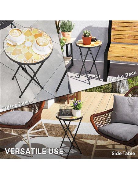 Outsunny Mosaic Outdoor Garden Table, 35.5cm Round Folding Coffee Table with Metal Frame for Balcony Terrace, Yellow - pic 179804 | FastDaddyshop