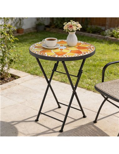 Outsunny Mosaic Outdoor Garden Table, 35.5cm Round Folding Coffee Table with Metal Frame for Balcony Terrace, Yellow