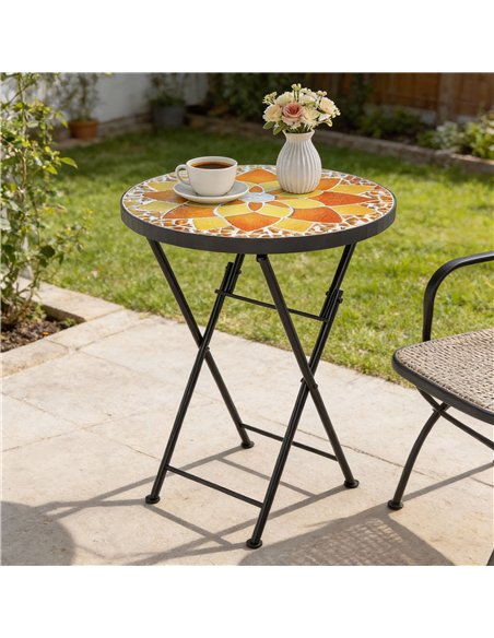 Outsunny Mosaic Outdoor Garden Table, 35.5cm Round Folding Coffee Table with Metal Frame for Balcony Terrace, Yellow - pic 179805 | FastDaddyshop