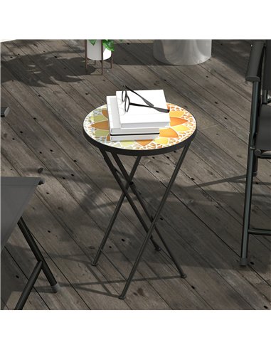 Outsunny Mosaic Outdoor Garden Table, 35.5cm Round Folding Coffee Table with Metal Frame for Balcony Terrace, Yellow
