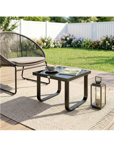 Outsunny Outdoor Garden Coffee Table, Rectangle Metal Side Table with Tempered Glass Tabletop, Adjustable Foot Pads