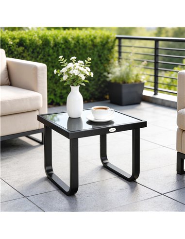 Outsunny Outdoor Garden Coffee Table, Rectangle Metal Side Table with Tempered Glass Tabletop, Adjustable Foot Pads