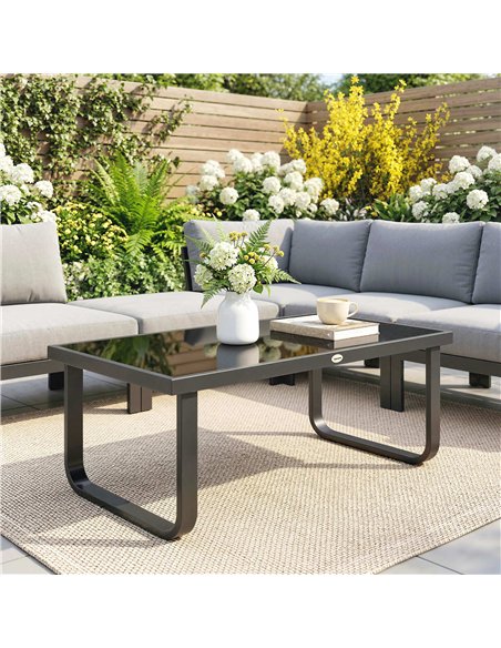 Outsunny Outdoor Garden Coffee Table, Rectangle Metal Side Table with Tempered Glass Tabletop, Adjustable Foot Pads - pic 179817 | FastDaddyshop