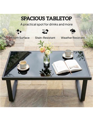 Outsunny Outdoor Garden Coffee Table, Rectangle Metal Side Table with Tempered Glass Tabletop, Adjustable Foot Pads