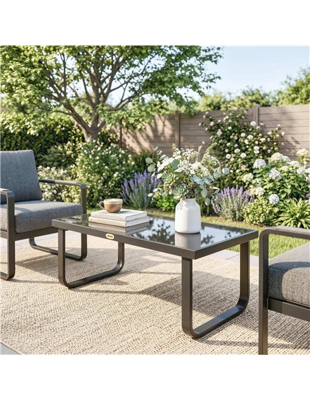 Outsunny Outdoor Garden Coffee Table, Rectangle Metal Side Table with Tempered Glass Tabletop, Adjustable Foot Pads - pic 179822 | FastDaddyshop