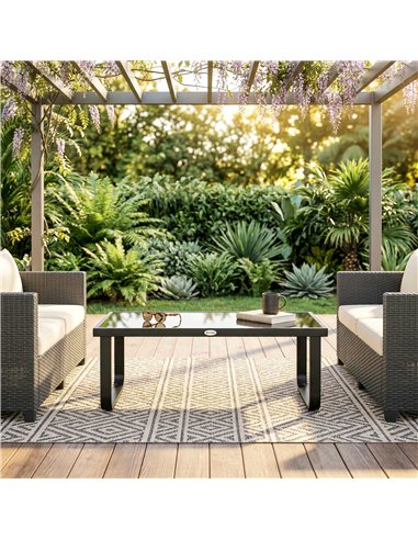 Outsunny Outdoor Garden Coffee Table, Rectangle Metal Side Table with Tempered Glass Tabletop, Adjustable Foot Pads