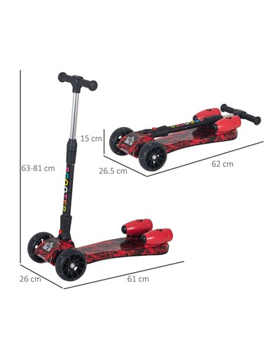 HOMCOM Kids 3 Wheel Foldable Kick Scooter with Flashing Wheels, Music, Water Spray, Red