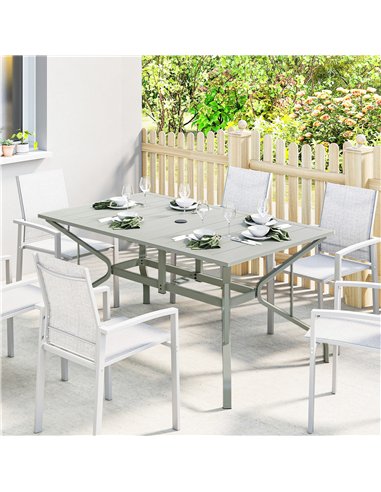 Outsunny Rectangle Garden Table with Parasol Hole, Outdoor Dining Table for 6, Patio Table for Balcony, 150cm x 90cm, Light Grey
