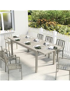 Outsunny Extending Garden Table, Aluminium Outdoor Dining Table for 8-10 with Wood-Like Grained Surface, Light Grey Wood Effect 2
