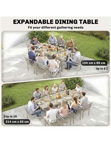 Outsunny Extending Garden Table, Aluminium Outdoor Dining Table for 8-10 with Wood-Like Grained Surface, Light Grey Wood Effect