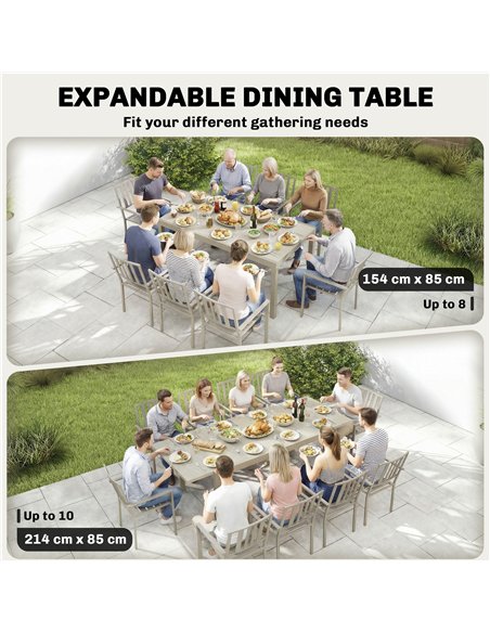 Outsunny Extending Garden Table, Aluminium Outdoor Dining Table for 8-10 with Wood-Like Grained Surface, Light Grey Wood Effect - pic 179864 | FastDaddyshop