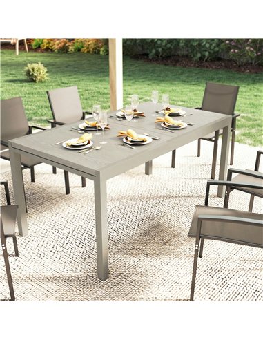 Outsunny Extending Garden Table, Aluminium Outdoor Dining Table for 8-10 with Wood-Like Grained Surface, Light Grey Wood Effect