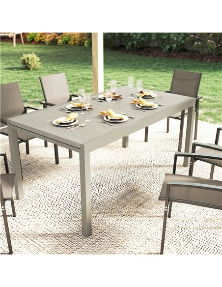 Outsunny Extending Garden Table, Aluminium Outdoor Dining Table for 8-10 with Wood-Like Grained Surface, Light Grey Wood Effect - pic 179868 | FastDaddyshop