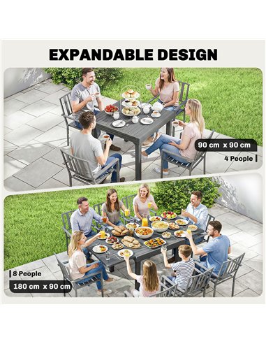 Outsunny Extending Garden Table for 4-8 People, Aluminium Outdoor Dining Table with Slatted Top, Dark Grey