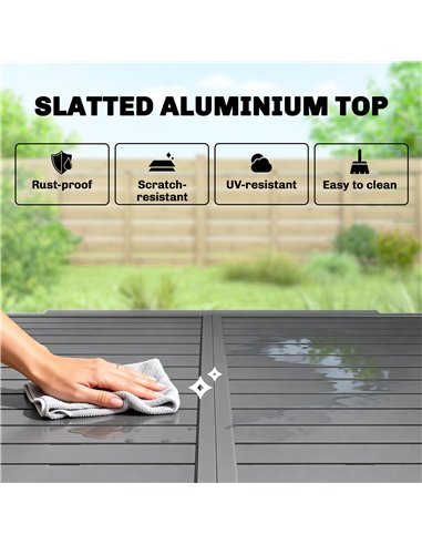 Outsunny Extending Garden Table for 4-8 People, Aluminium Outdoor Dining Table with Slatted Top, Dark Grey