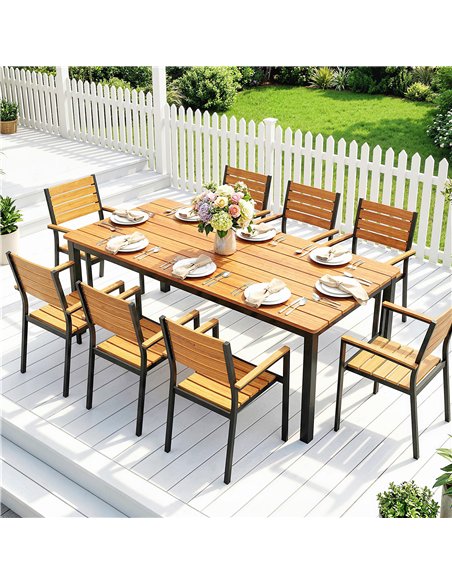 Outsunny Garden Dining Table for 6-8 Person, 180 x 86 cm Rectangular Outdoor Dining Table with Wood Slatted Top, Teak - pic 179894 | FastDaddyshop
