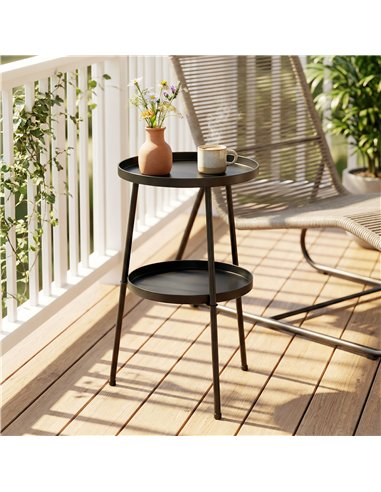 Outsunny Patio Side Table, 2-Tier Round Coffee End Table for Garden Balcony Living Room Bedroom, Black