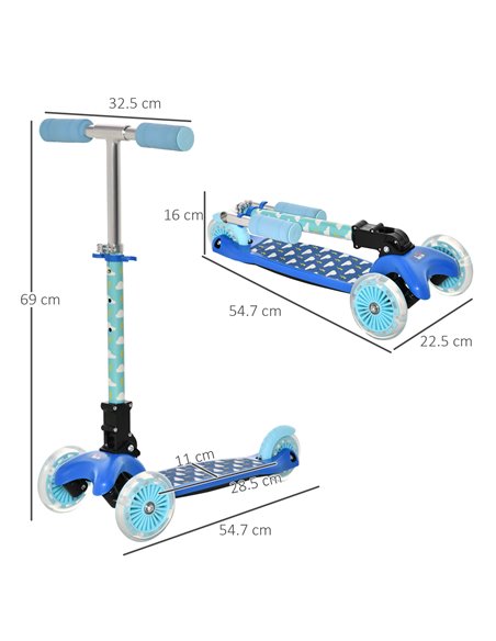 HOMCOM Kids Foldable Kick Scooter with 3 Flashing Wheels, Adjustable Height, for 3-8 Years, Blue - pic 17992 | FastDaddyshop