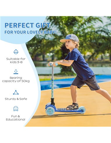 HOMCOM Kids Foldable Kick Scooter with 3 Flashing Wheels, Adjustable Height, for 3-8 Years, Blue