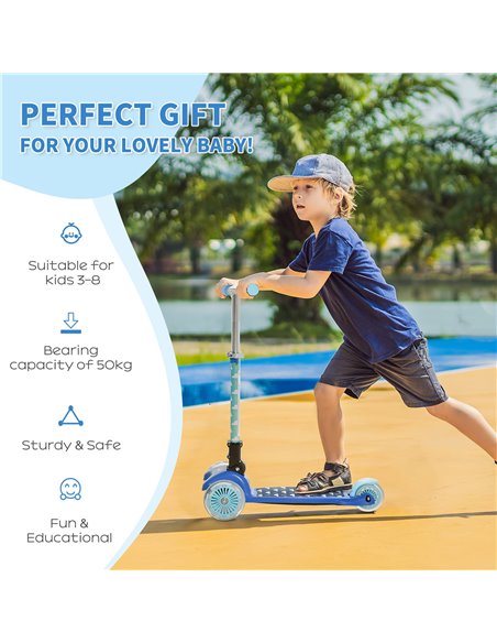 HOMCOM Kids Foldable Kick Scooter with 3 Flashing Wheels, Adjustable Height, for 3-8 Years, Blue - pic 17993 | FastDaddyshop