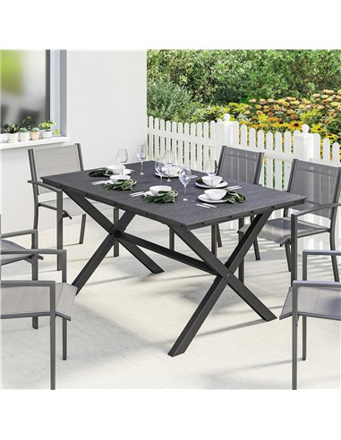 Outsunny Garden Dining Table for 6, Rectangular Outdoor Table with Wood Effect HDPE Top, X-Shaped Metal Legs, Black