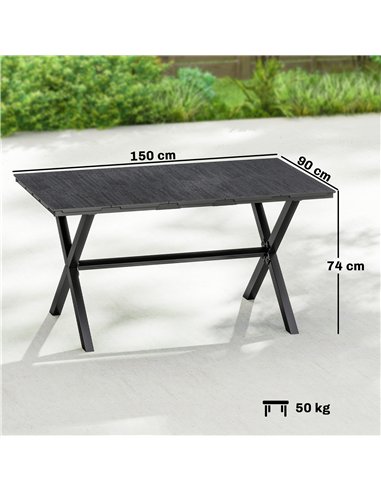 Outsunny Garden Dining Table for 6, Rectangular Outdoor Table with Wood Effect HDPE Top, X-Shaped Metal Legs, Black