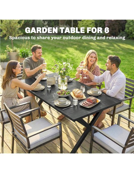 Outsunny Garden Dining Table for 6, Rectangular Outdoor Table with Wood Effect HDPE Top, X-Shaped Metal Legs, Black - pic 179936 | FastDaddyshop