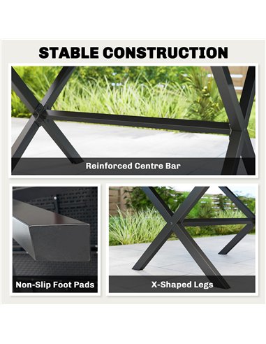 Outsunny Garden Dining Table for 6, Rectangular Outdoor Table with Wood Effect HDPE Top, X-Shaped Metal Legs, Black