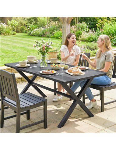 Outsunny Garden Dining Table for 6, Rectangular Outdoor Table with Wood Effect HDPE Top, X-Shaped Metal Legs, Black