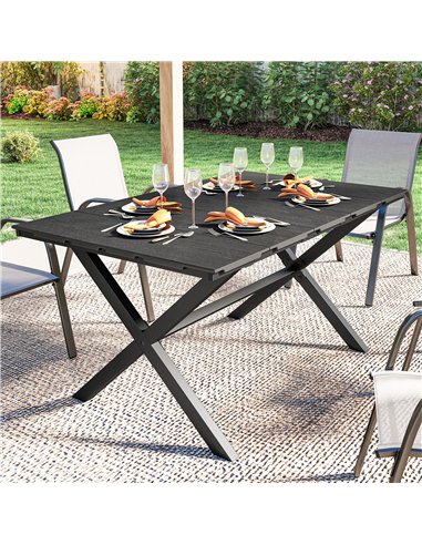 Outsunny Garden Dining Table for 6, Rectangular Outdoor Table with Wood Effect HDPE Top, X-Shaped Metal Legs, Black