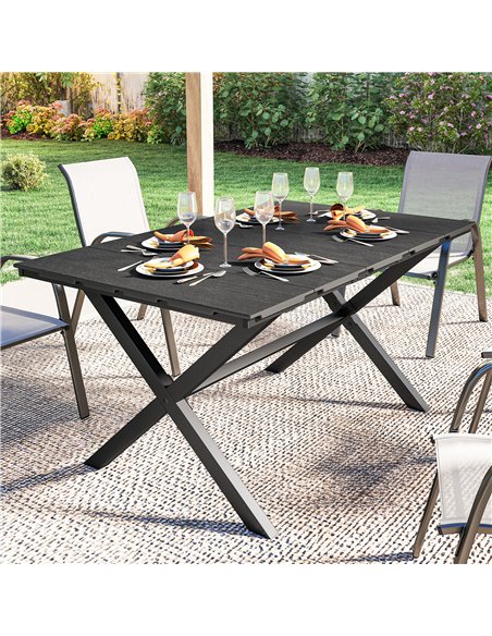 Outsunny Garden Dining Table for 6, Rectangular Outdoor Table with Wood Effect HDPE Top, X-Shaped Metal Legs, Black - pic 179940 | FastDaddyshop