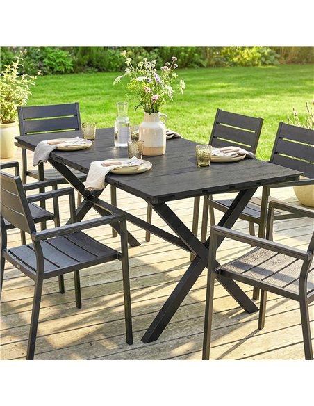 Outsunny Garden Dining Table for 6, Rectangular Outdoor Table with Wood Effect HDPE Top, X-Shaped Metal Legs, Black - pic 179941 | FastDaddyshop