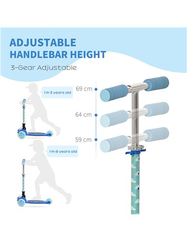HOMCOM Kids Foldable Kick Scooter with 3 Flashing Wheels, Adjustable Height, for 3-8 Years, Blue