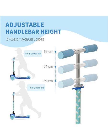 HOMCOM Kids Foldable Kick Scooter with 3 Flashing Wheels, Adjustable Height, for 3-8 Years, Blue - pic 17995 | FastDaddyshop