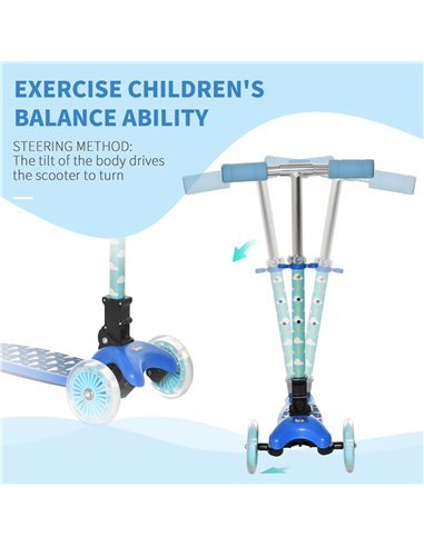HOMCOM Kids Foldable Kick Scooter with 3 Flashing Wheels, Adjustable Height, for 3-8 Years, Blue