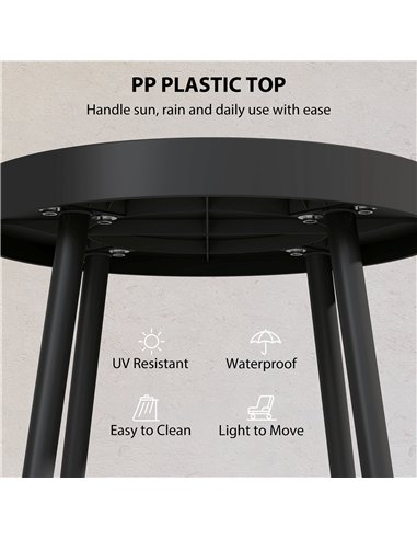 Outsunny 49.5 cm Round Garden Table, Small Outdoor Coffee Side Table with Plastic Tray-Style Top, Metal Legs, Black
