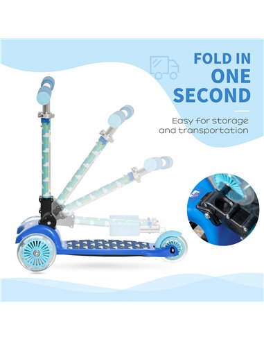 HOMCOM Kids Foldable Kick Scooter with 3 Flashing Wheels, Adjustable Height, for 3-8 Years, Blue