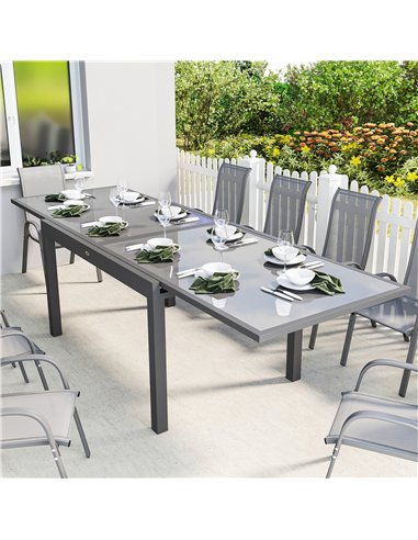Outsunny Extending Garden Table for 6-10, Aluminium Outdoor Dining Table with Tempered Glass Top, Grey