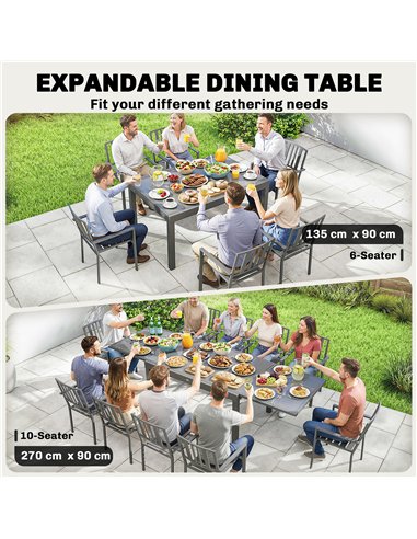 Outsunny Extending Garden Table for 6-10, Aluminium Outdoor Dining Table with Tempered Glass Top, Grey