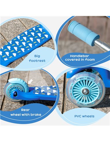 HOMCOM Kids Foldable Kick Scooter with 3 Flashing Wheels, Adjustable Height, for 3-8 Years, Blue