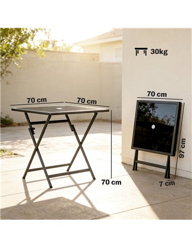 Outsunny Folding Outdoor Dining Table, Square Garden Table Tempered Glass Top with Parasol Hole Garden Patio, 70 x 70 x 70 cm