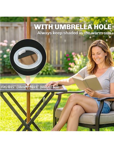 Outsunny Folding Outdoor Dining Table, Square Garden Table Tempered Glass Top with Parasol Hole Garden Patio, 70 x 70 x 70 cm