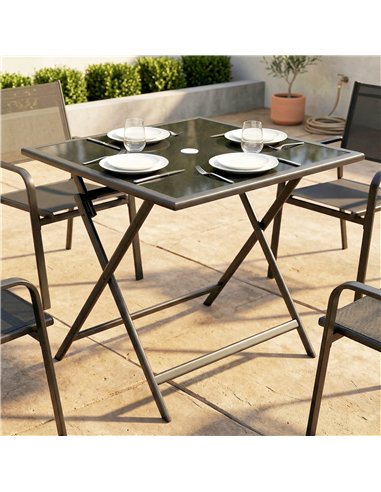 Outsunny Folding Outdoor Dining Table, Square Garden Table Tempered Glass Top with Parasol Hole Garden Patio, 70 x 70 x 70 cm