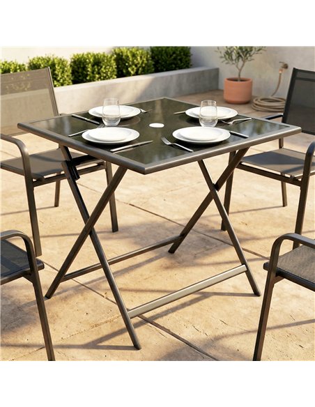 Outsunny Folding Outdoor Dining Table, Square Garden Table Tempered Glass Top with Parasol Hole Garden Patio, 70 x 70 x 70 cm - pic 179984 | FastDaddyshop