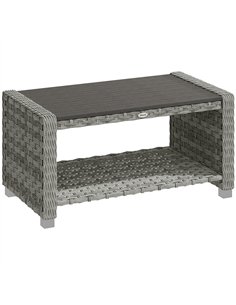 Outsunny Outdoor Coffee Table with Storage Shelf, PE Rattan Side Table with Slatted Top and Foot Pads, Grey